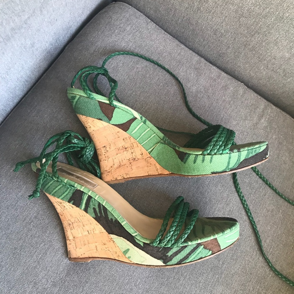 Michael Kors green print cork wedges